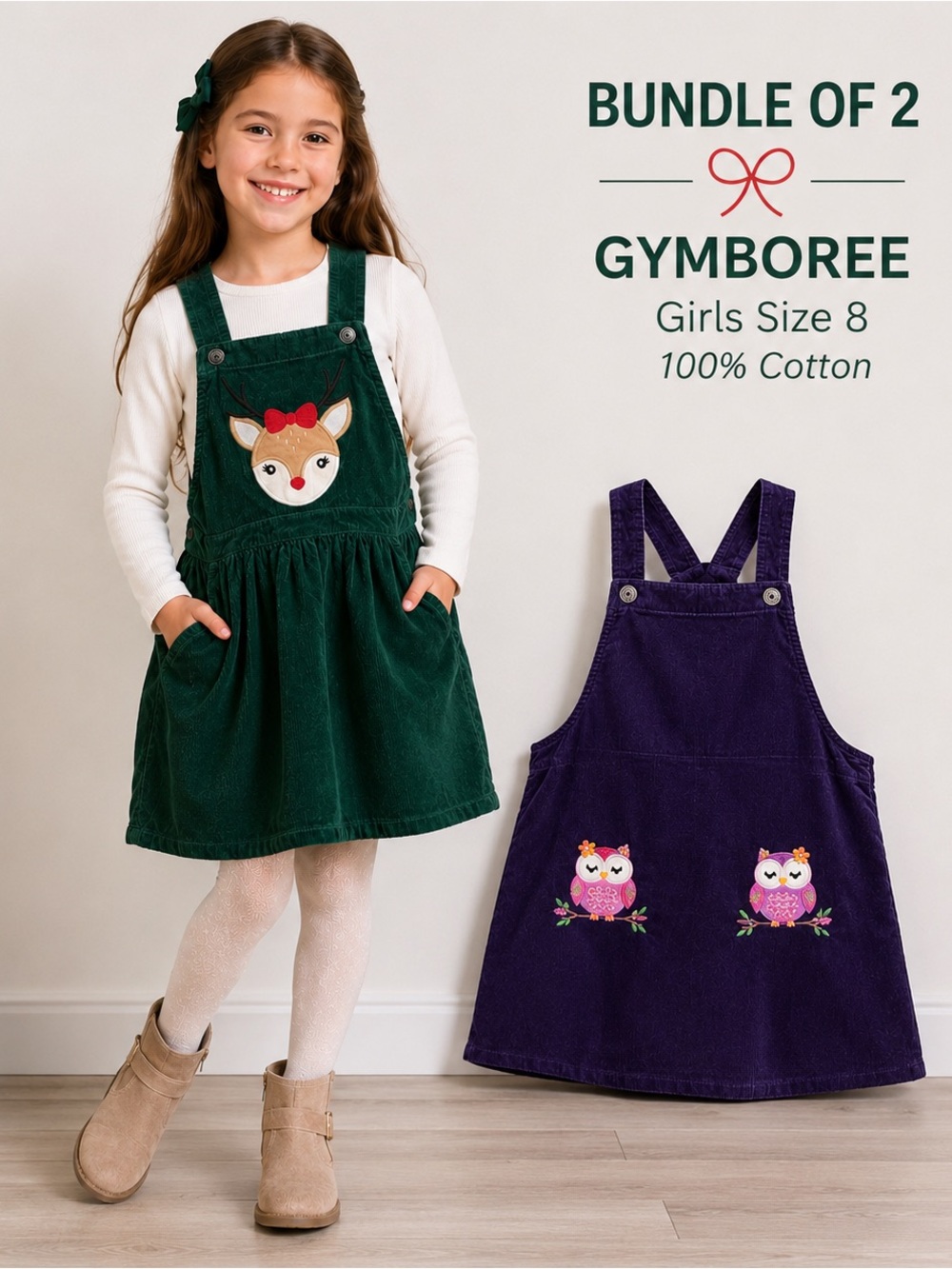 Bundle of 2 Gymboree Girls Corduroy Jumper Dresses Size 8 Owl & Reindeer Holiday